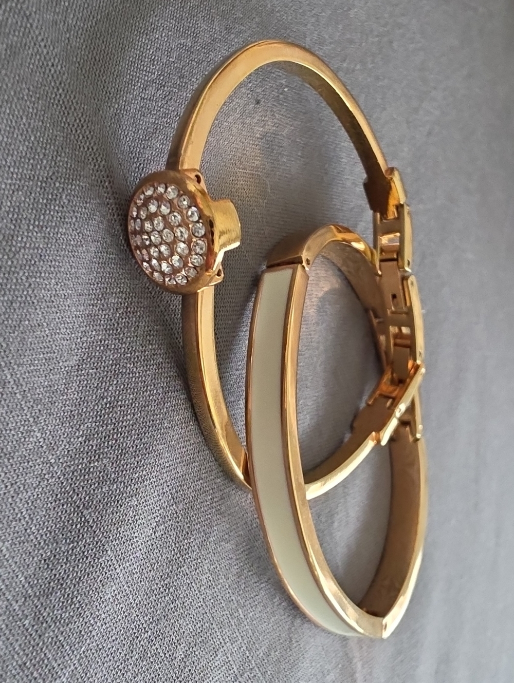 Anne Klein Gold-Tone Bracelet Set with Cream Enamel and Crystal Disc